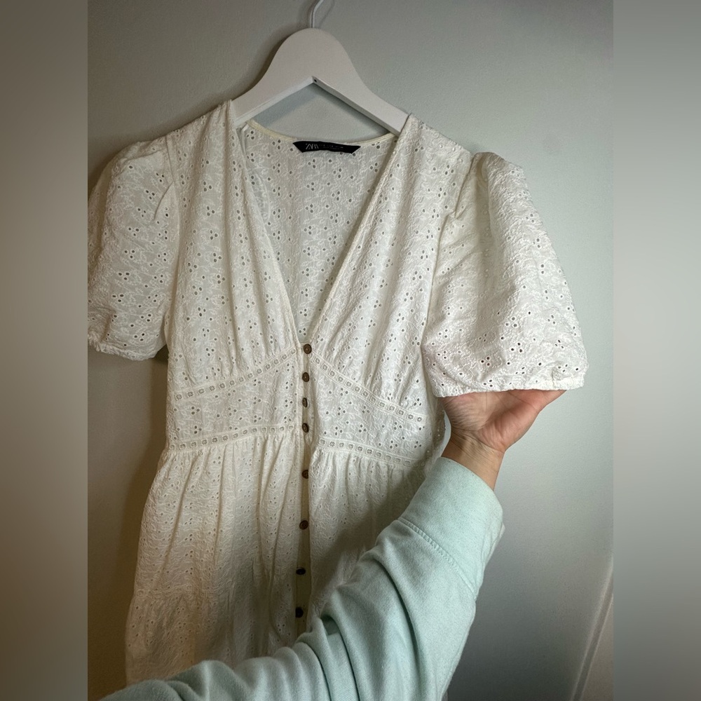 Zara White Lace Eyelet Boho Coastal Cottagecore Prairie Midi Dress Size Large - Picture 11 of 17